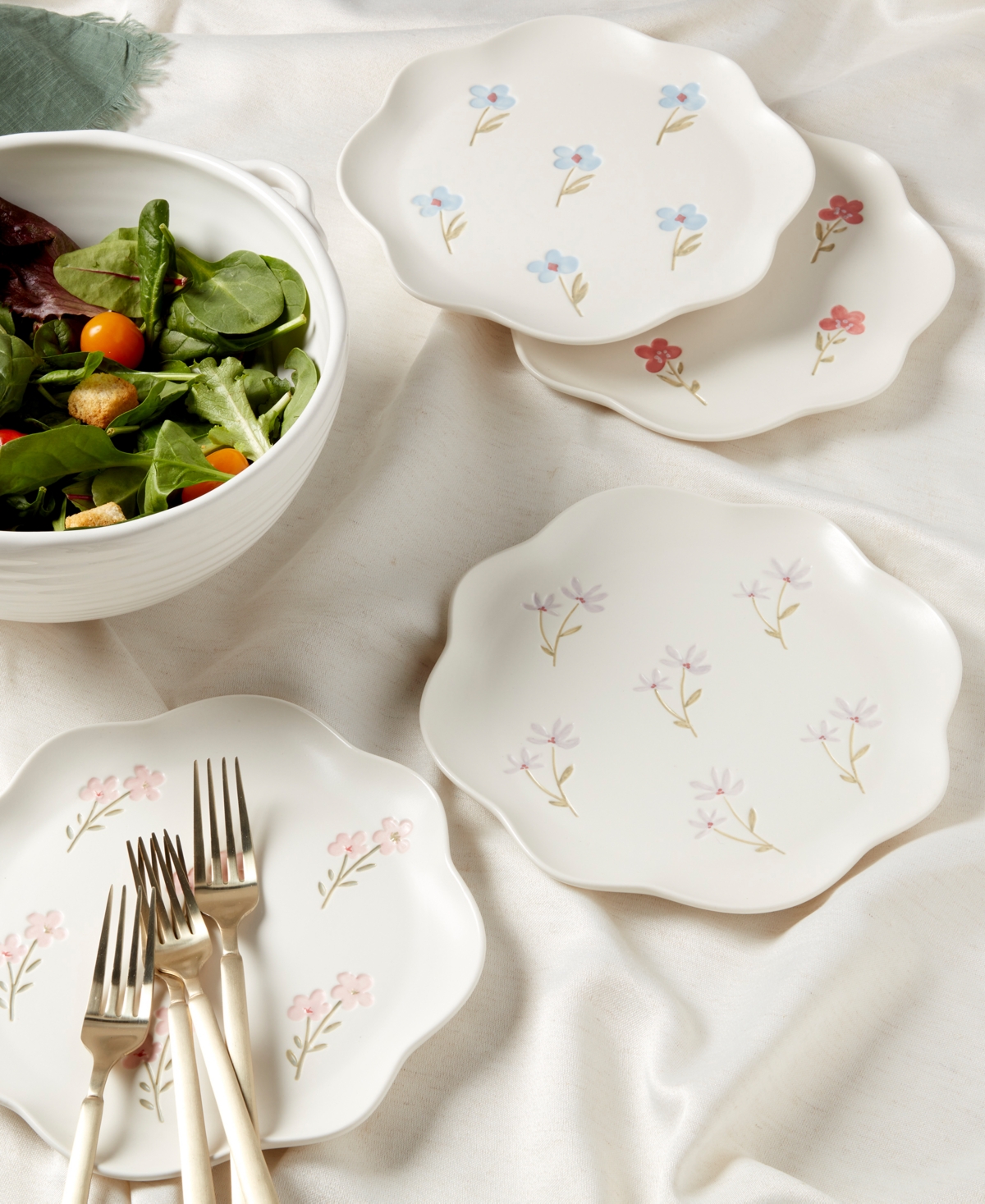 Haven Floral Scalloped Salad Plates, Set Of 4 In White With Floral Debossed