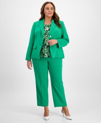 Plus Size Notched Collar Blazer Printed Cap Sleeve Top Straight Fit Suit Pants