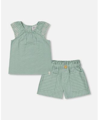 Deux Par Deux Short Sleeve Top & Short Set - Blue Stripes Deux Par Deux Short Sleeve Top & Short Set - Blue Stripes