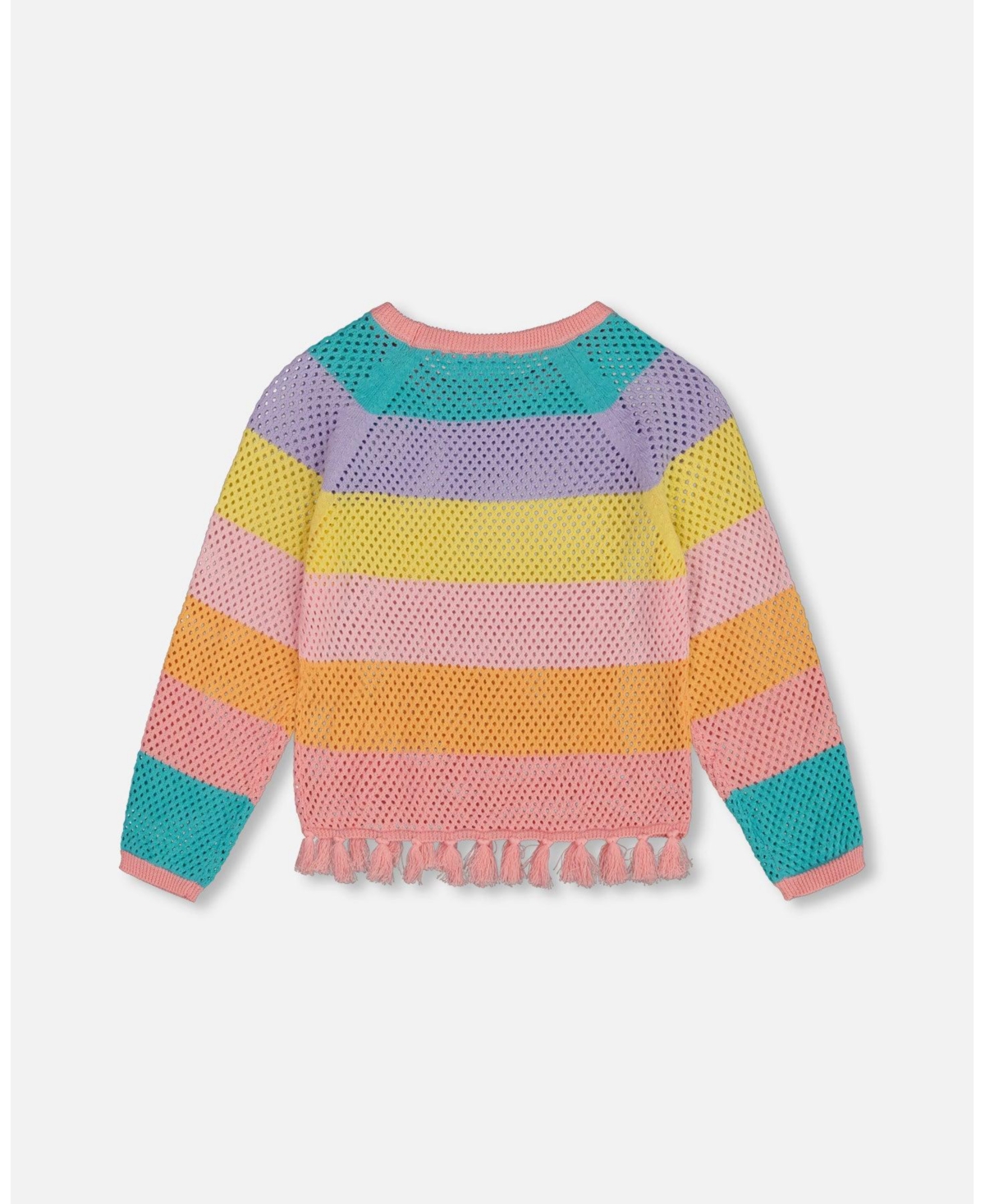 Deux par Deux Big Girls Cotton Sweater With Fringe Multicolor Stripes