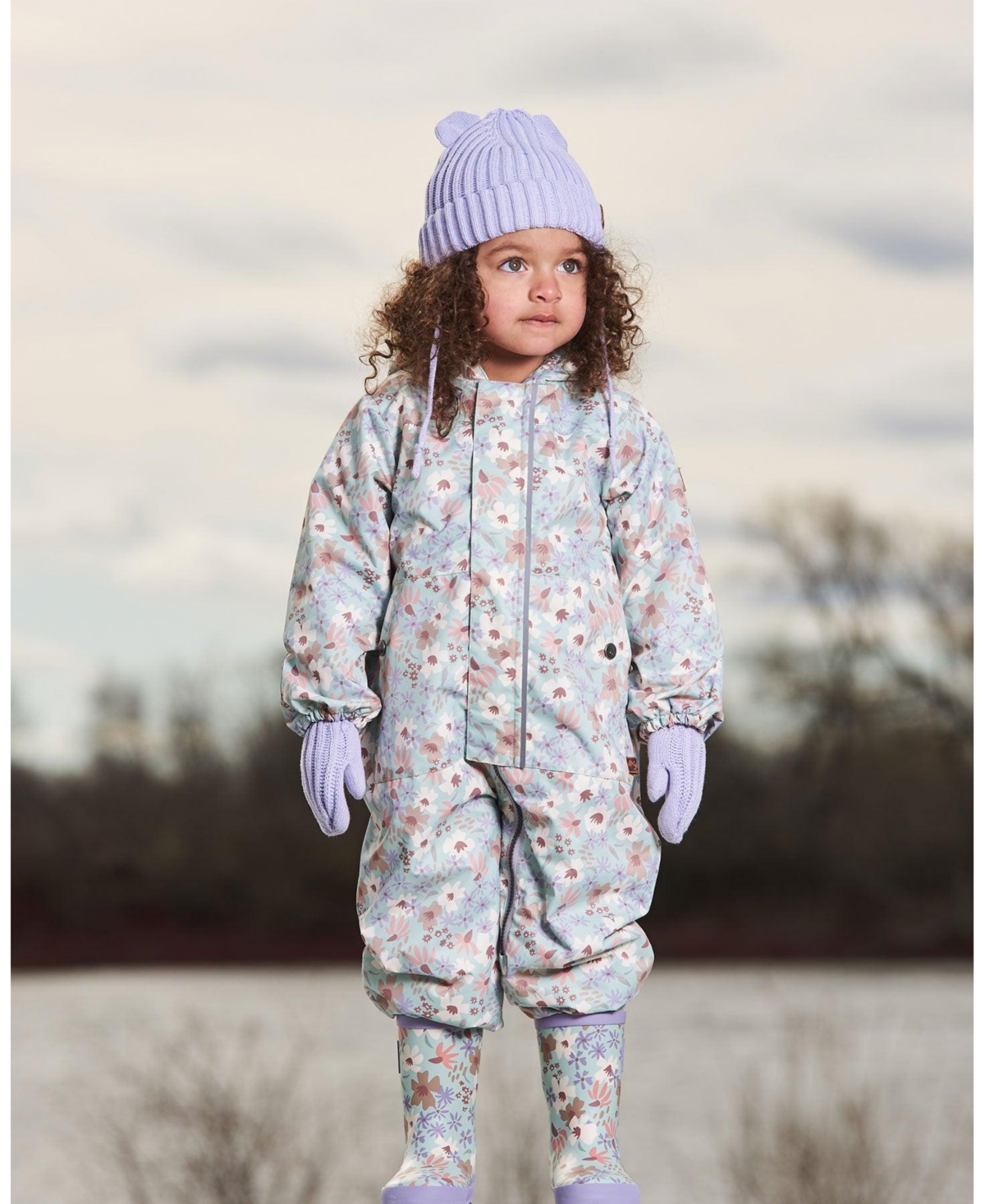 Deux par Deux Baby Girls Printed Mid-Season One-Piece Outerwear With Hat Small White Flowers On Turquoise And Lilac