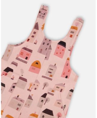 Toddler Girls Printed French Terry Overalls Pink And Coral Houses - Toddler|Child