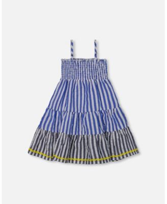 Big Girls Smocked Seersucker Peasant Dress Blue And White Striped