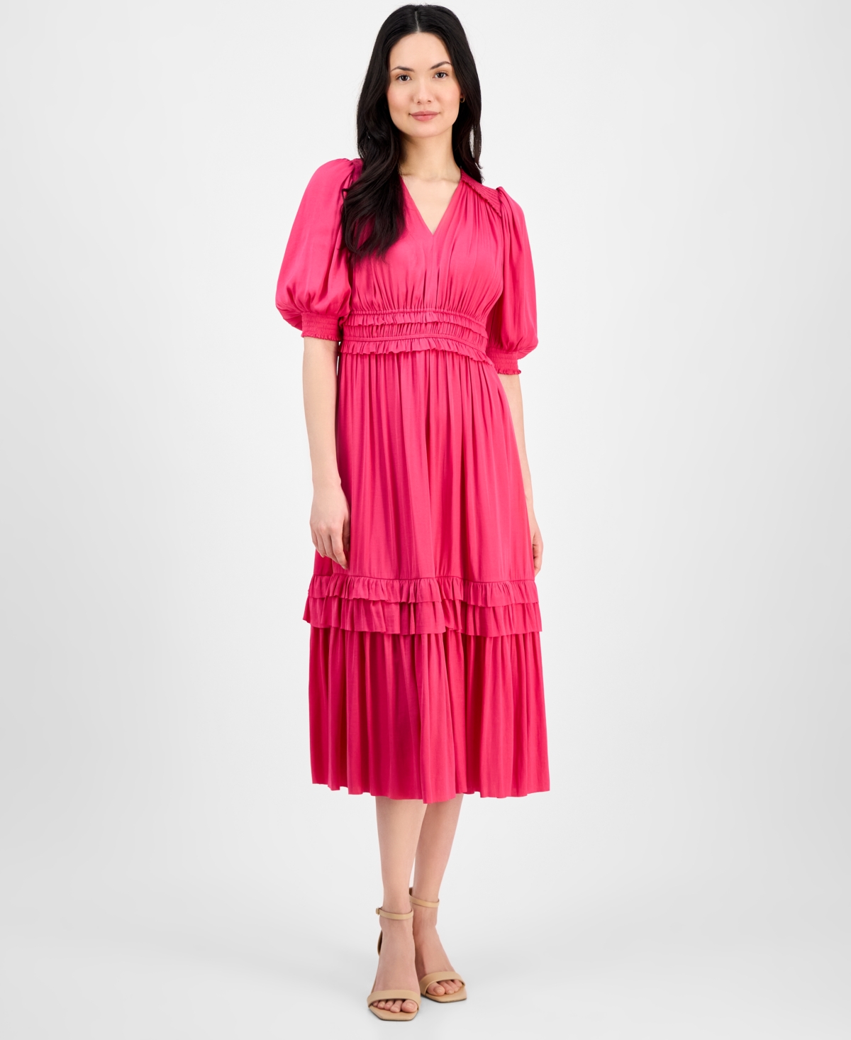 T Tahari Women's V-neck Smocked-waist Tiered Dress In Tulip Pink