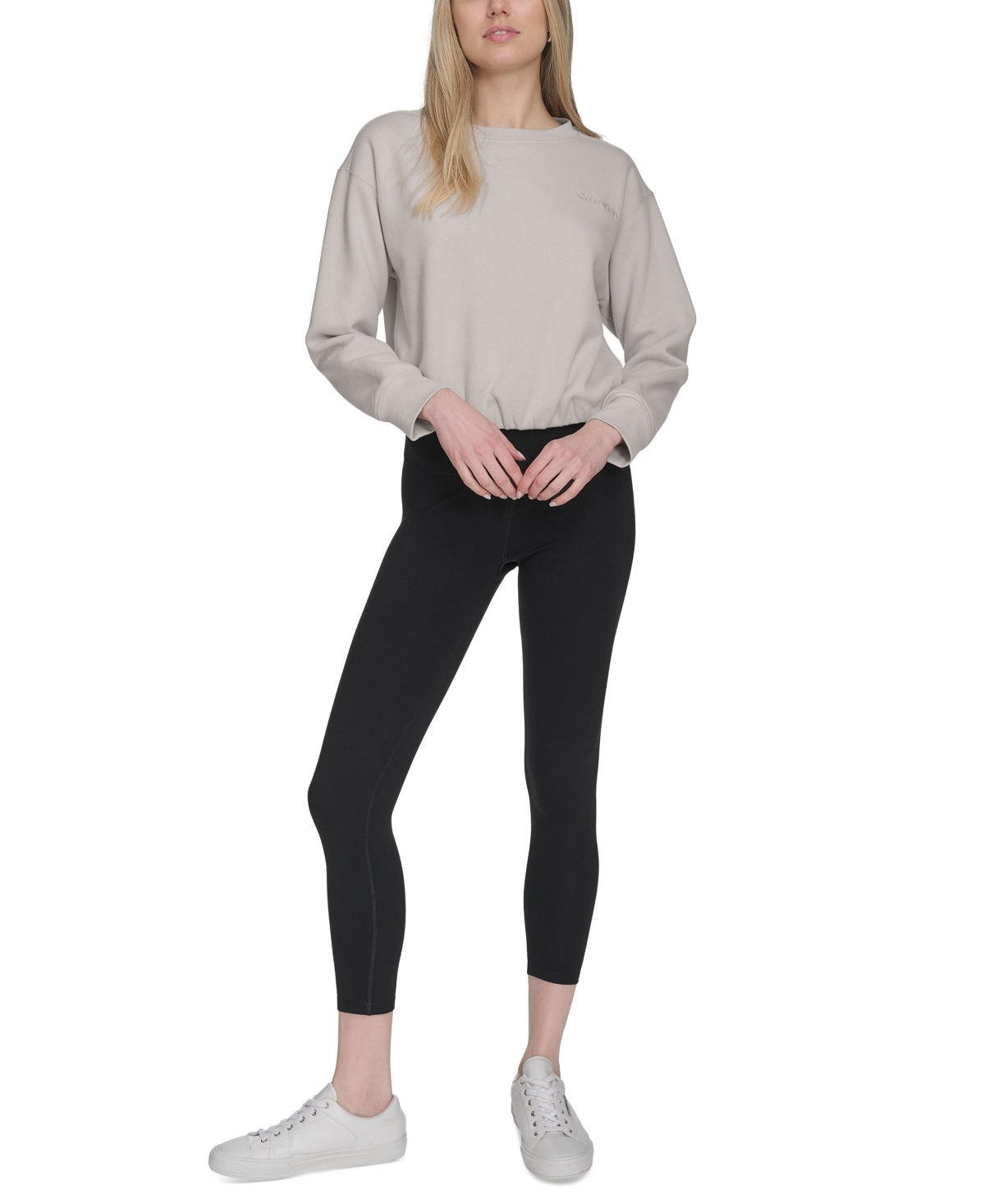 Calvin Klein Women's Logo Fleece Bubble Hem Top In White Pepp