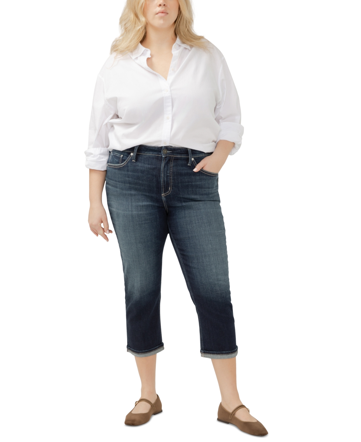 SILVER JEANS CO. PLUS SIZE AVERY CUFFED DENIM JEANS 