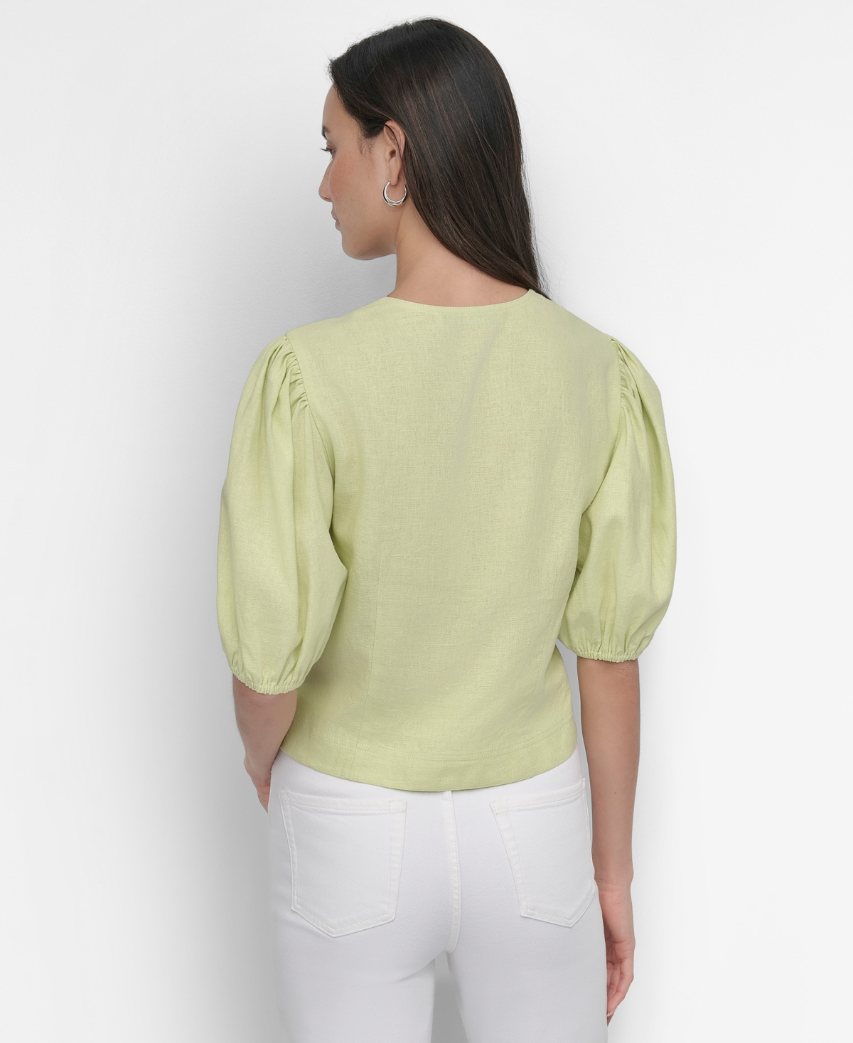 Shop Dkny Women's Zip-front Puff-sleeve Scoop-neck Top In Tea Green