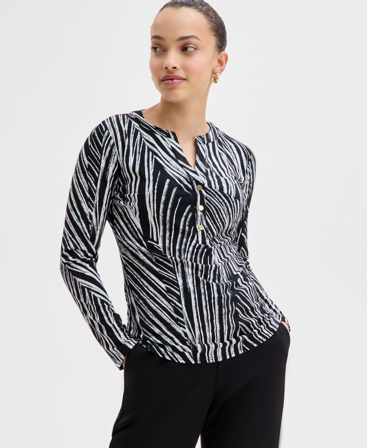 Inc International Concepts Petite Printed Button-front Top, Exclusively At Macy's In Pia Stripe