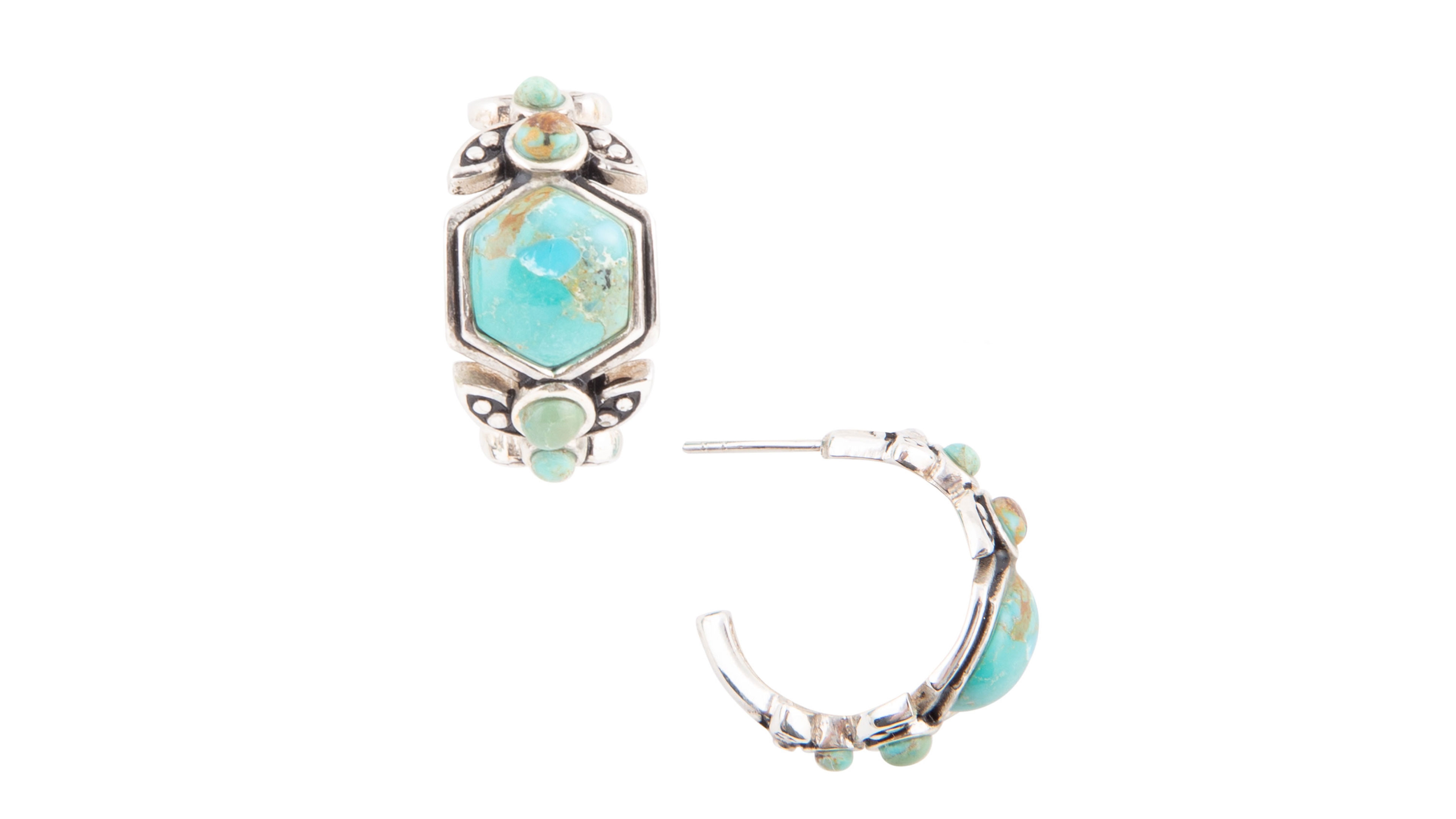 Barse Emile Blue Turquoise Sterling Hexagon Hoop Earrings