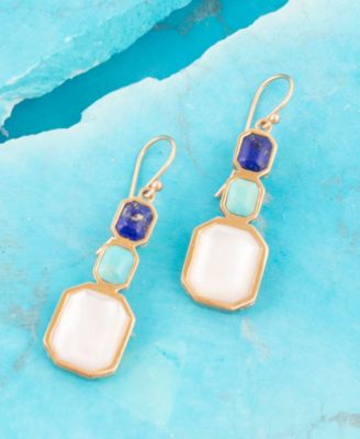 Dual Color Blue Lapis Turquoise and Mother of Pearl Golden Octagon Drop Earrings