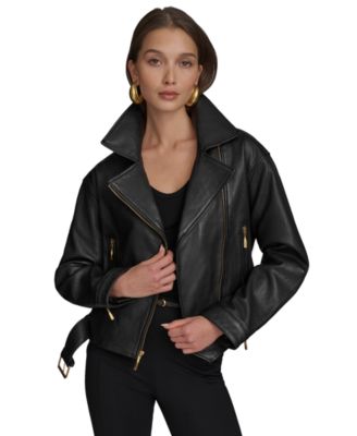 ジャケット・アウター DONNA KARRAN NEW YORK Black jacket Donna Karan New York Women's Asymmetric Leather Moto Jacket