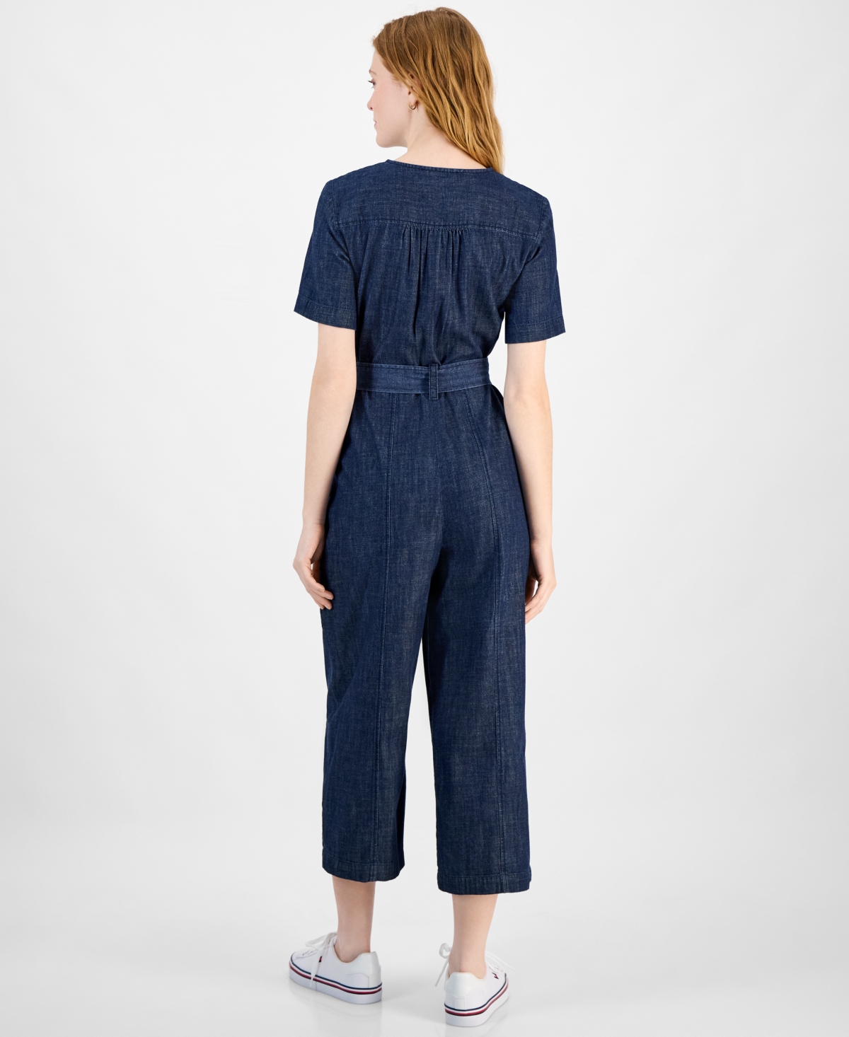 Tommy Hilfiger Women's Denim Zip-front Belted Jumpsuit In Dark Benson