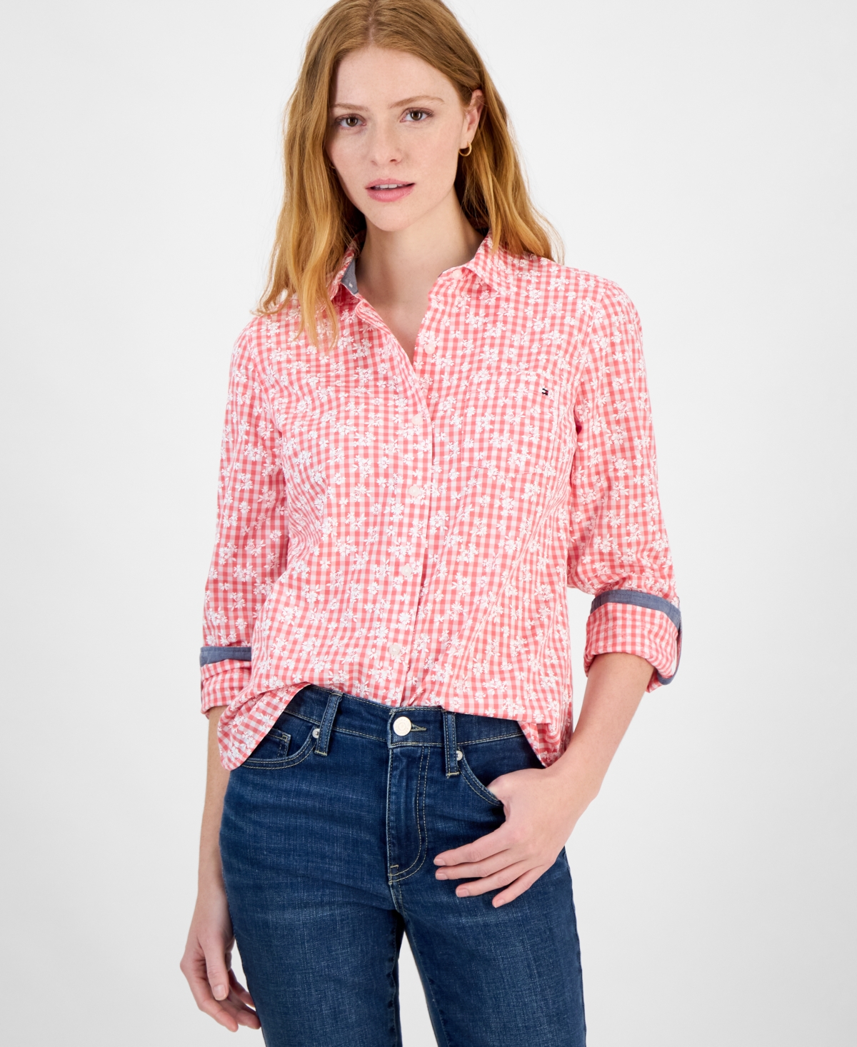 Tommy Hilfiger Women's Floral Gingham Cotton Shirt In Sherbert,bright White