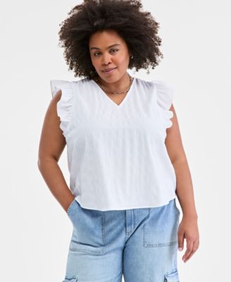 On 34th - Trendy Plus Size Seersucker Flutter-Sleeve Top