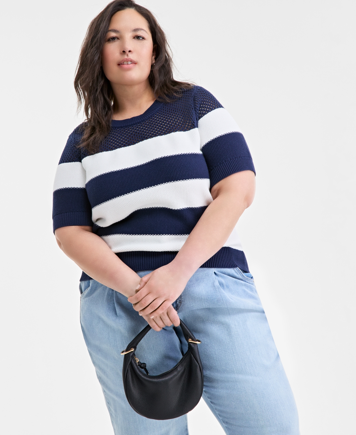 ON 34TH TRENDY PLUS SIZE OPEN-KNIT STRIPED SHORT-SLEEVE SWEATER, EXCLUSIVELY AT MACY'S 