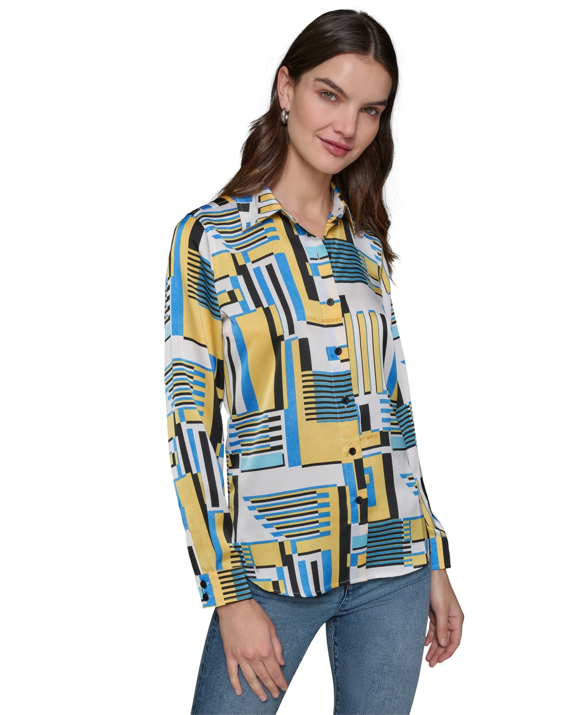 KARL LAGERFELD WOMEN'S SATIN BUTTON-FRONT PRINTED SHIRT 