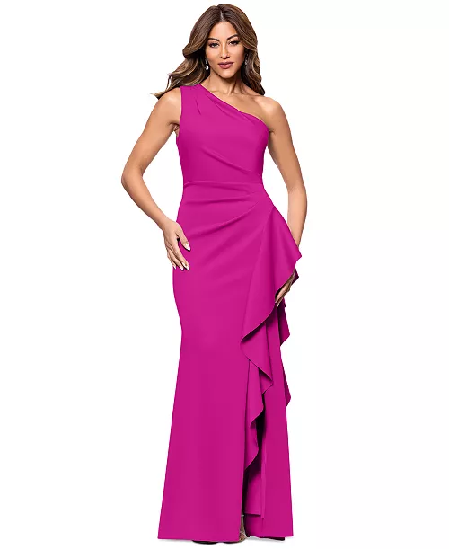 women's ruffled one-shoulder scuba gown