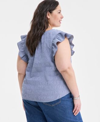 On 34th Trendy Plus Size Micro-Gingham Seersucker Flutter-Sleeve Top, Exclusively at Macy's
