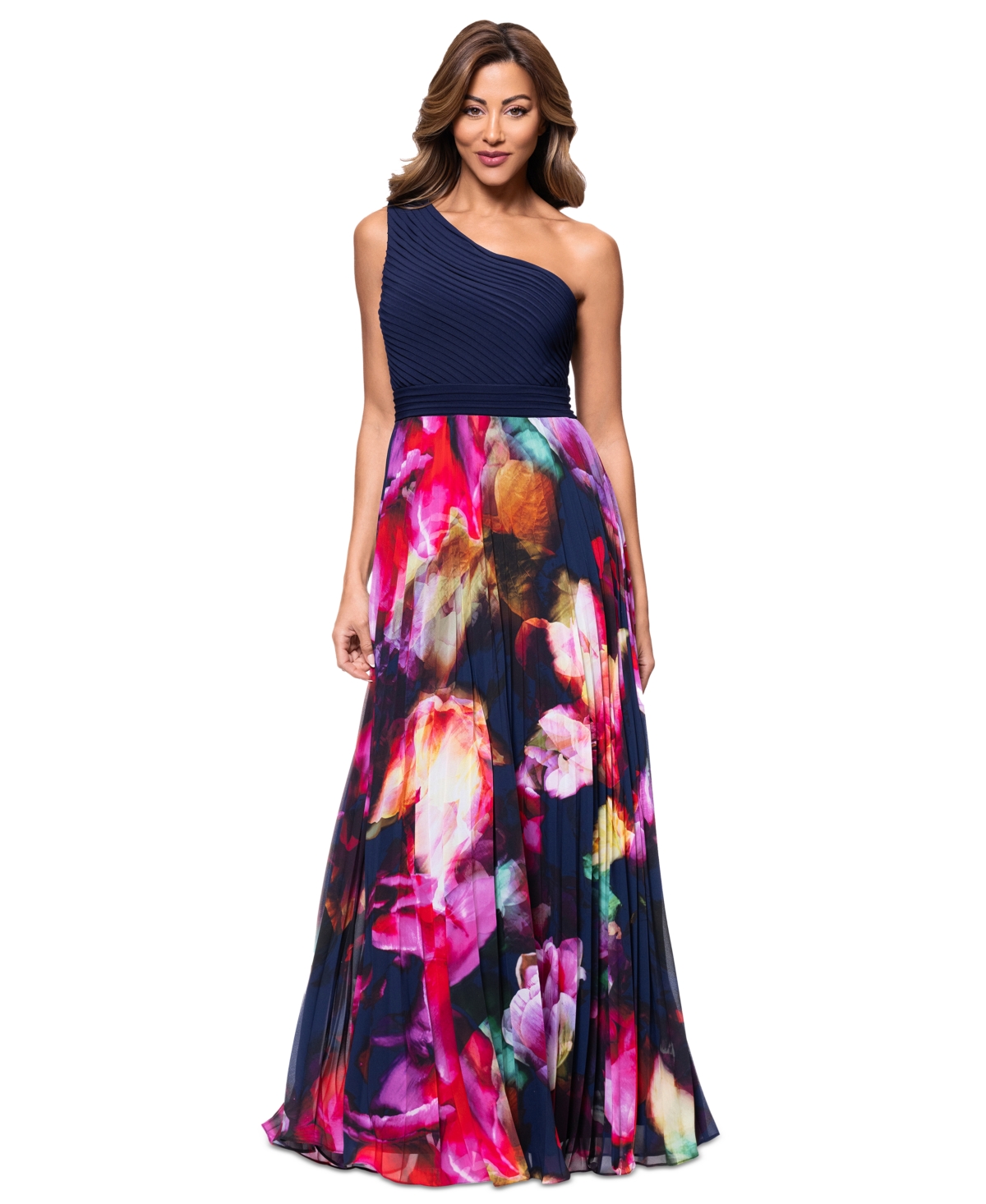 Xscape Petite Printed One-shoulder Gown In Navy Fuschia