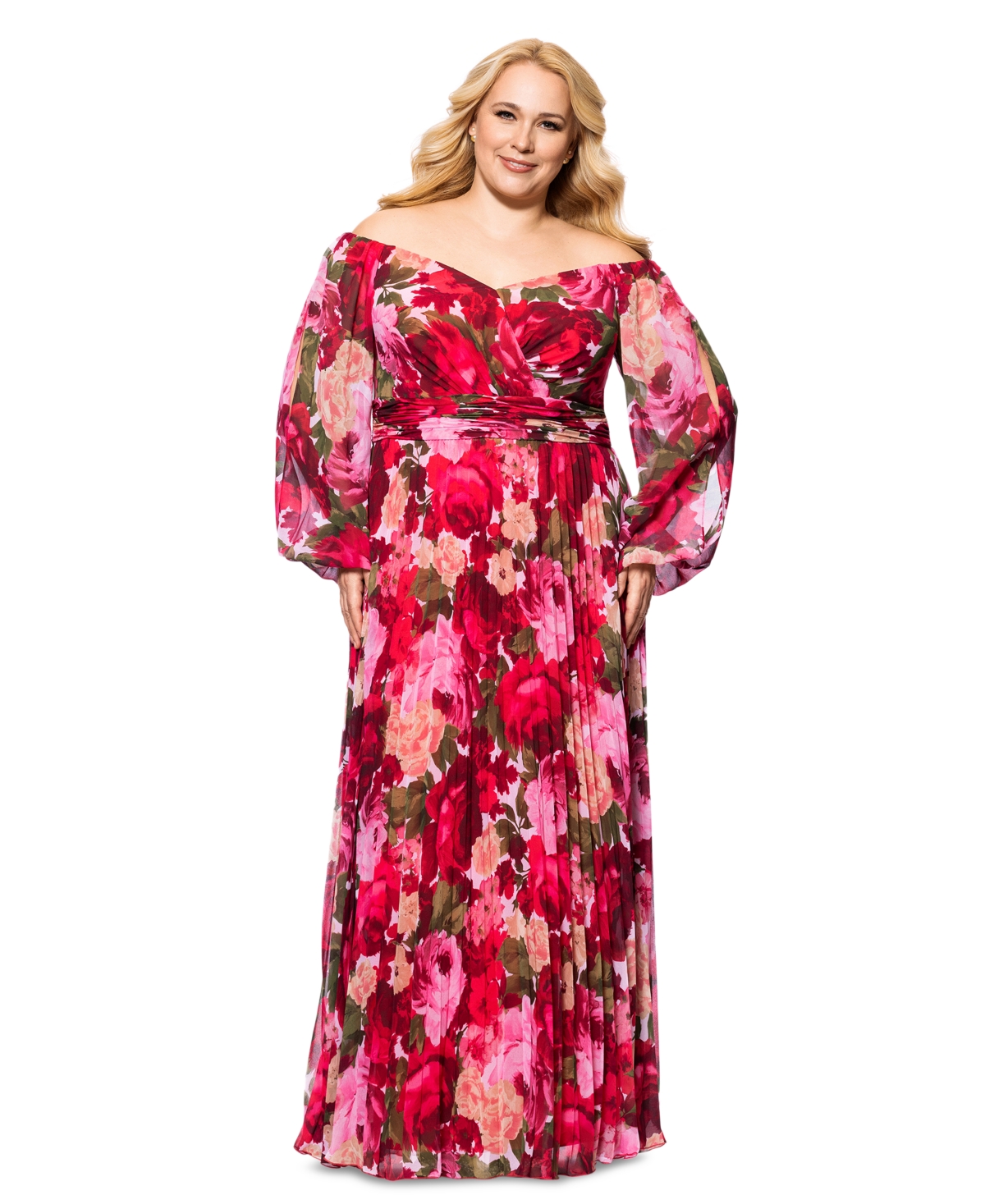 Plus Size Floral Off-The-Shoulder Pleated Gown - Red/Olive