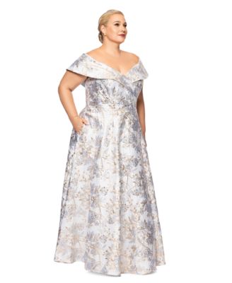Plus Size Off-The-Shoulder Brocade Ball Gown