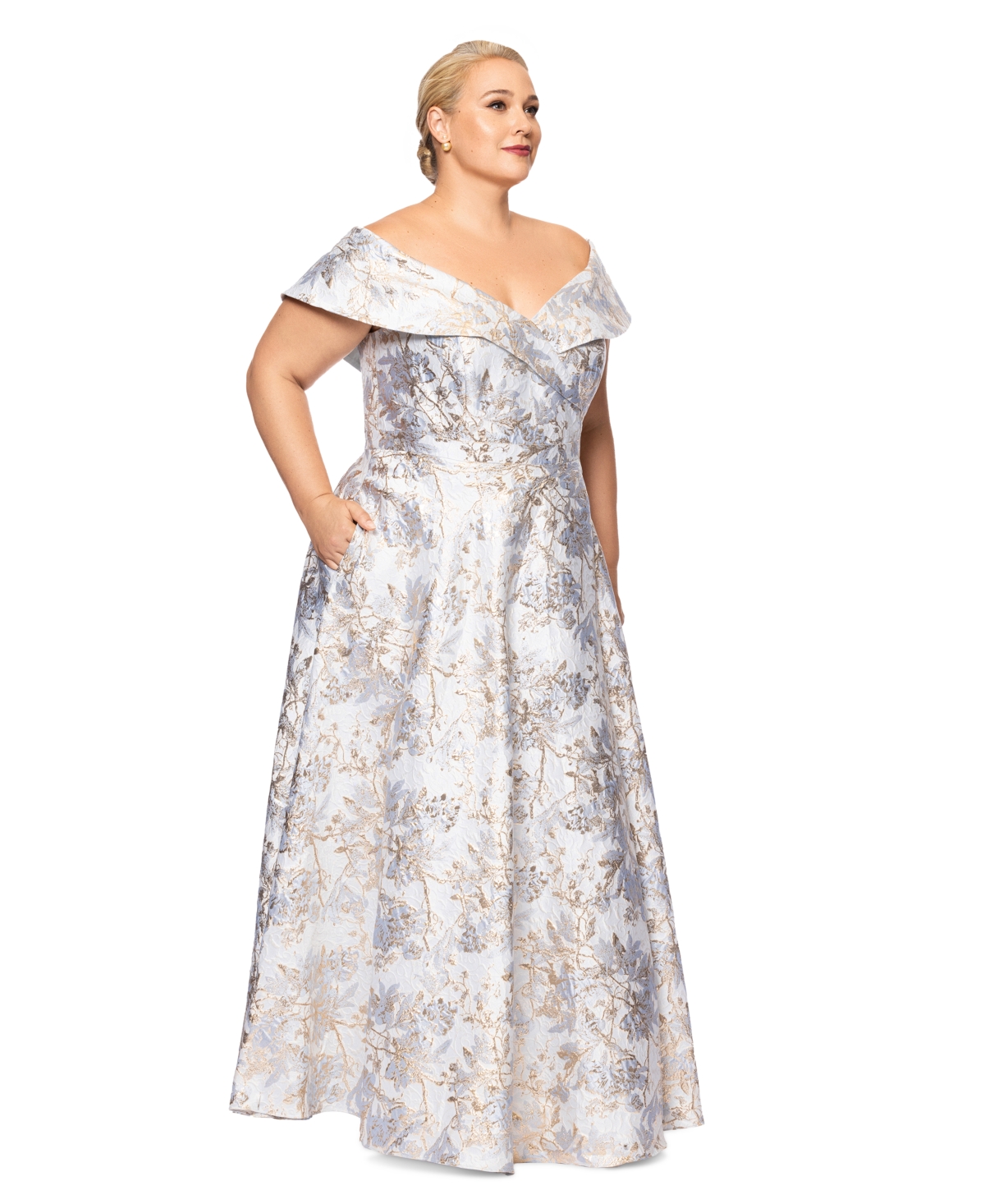 Xscape Plus Size Off-the-shoulder Brocade Ball Gown In Blue,gold
