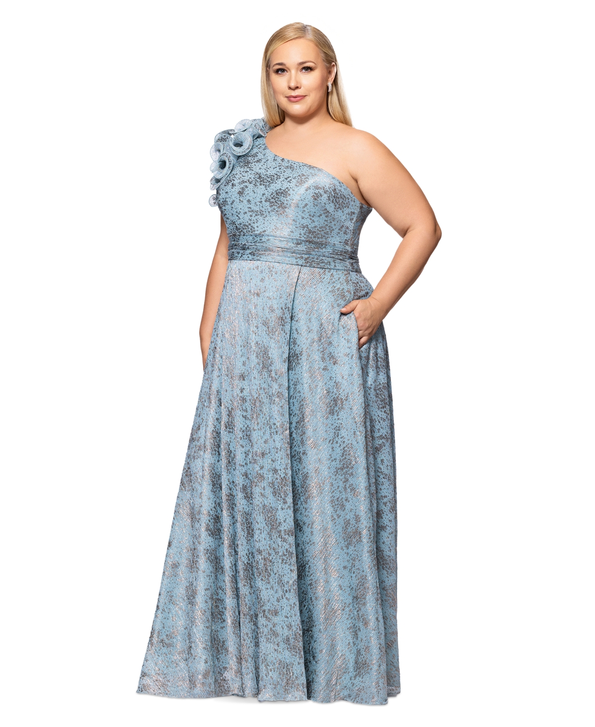 Xscape Plus Size Micro-pleat One-shoulder Gown In Aqua,platinum