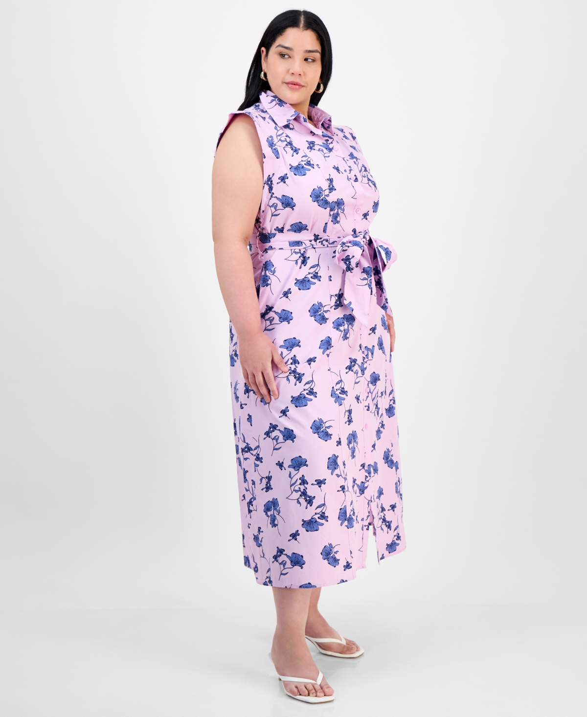 ON 34TH TRENDY PLUS SIZE COTTON BELTED MIDI SHIRTDRESS, EXCLUSIVELY AT MACY'S 