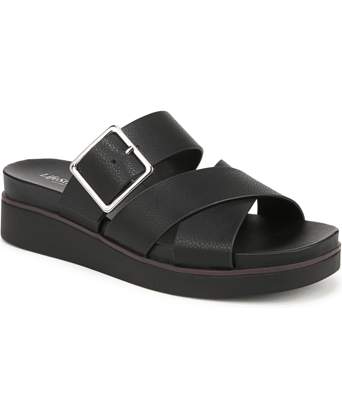 Shop Lifestride Women's Getaway Open Square Toe Platform Slide Sandals In Black Faux Leather