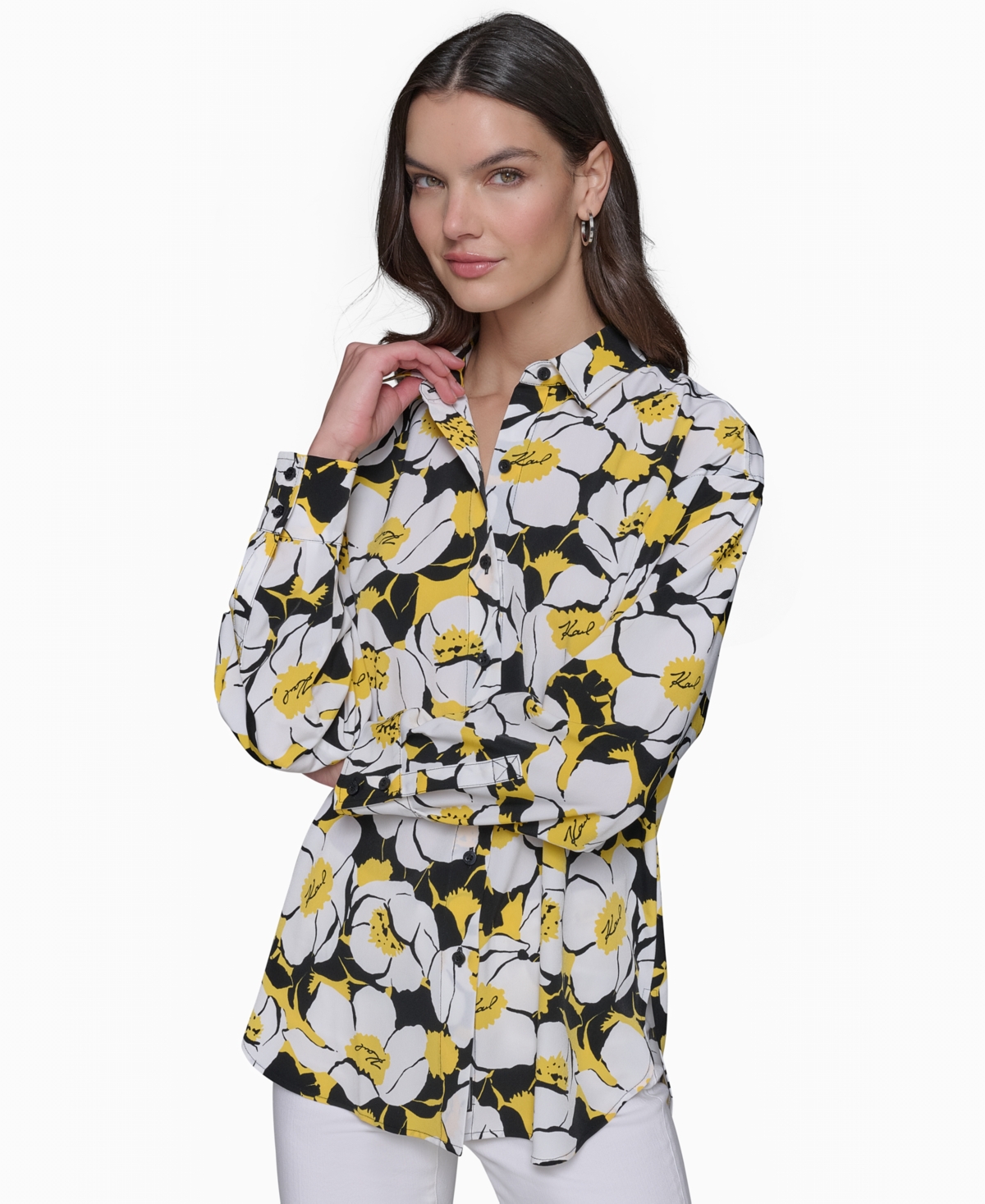 KARL LAGERFELD WOMEN'S PRINTED OVERSIZED BUTTON-FRONT TOP 