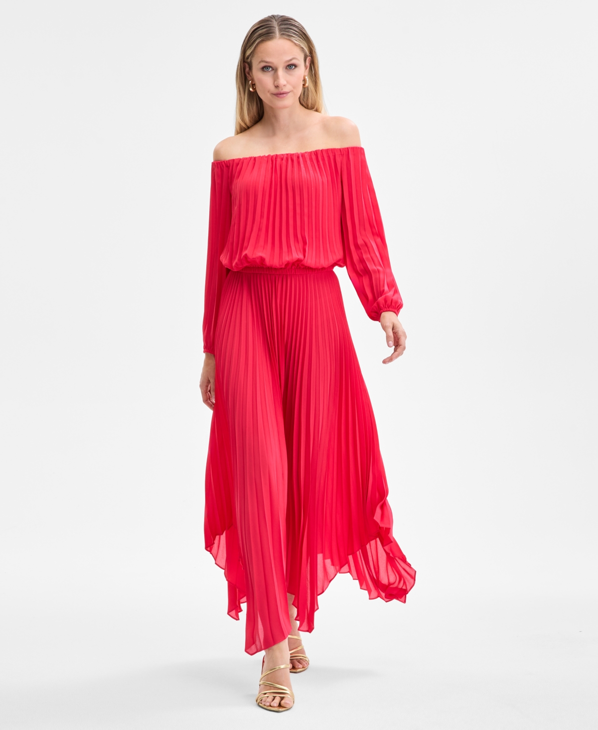 Shop Inc International Concepts Women's Printed Pleated Off-the-shoulder Maxi Dress, Exclusively At Macy's In Fresh Lips