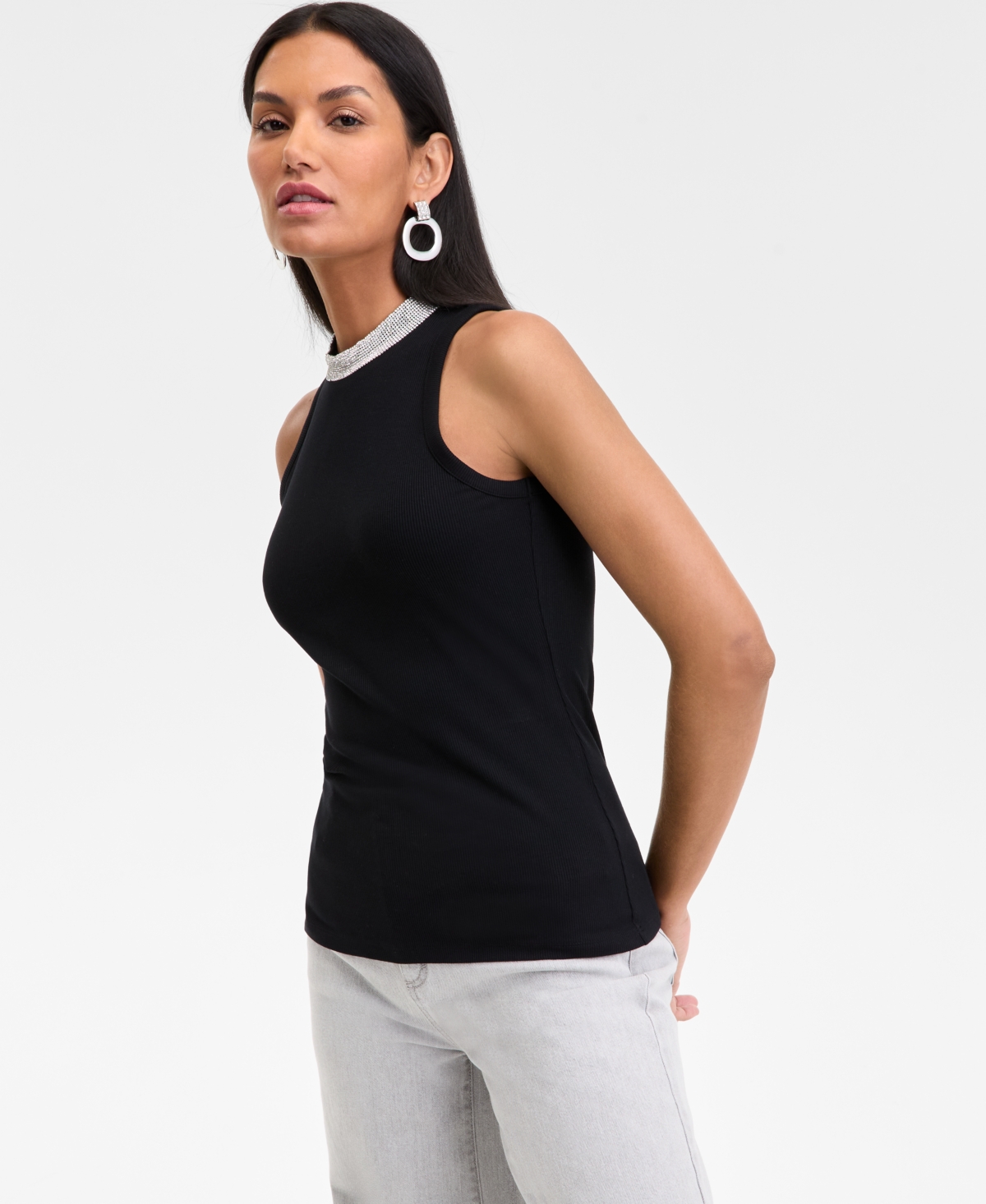 Shop Inc International Concepts Women's Rhinestone-trim Top, Exclusively At Macy's In Deep Black