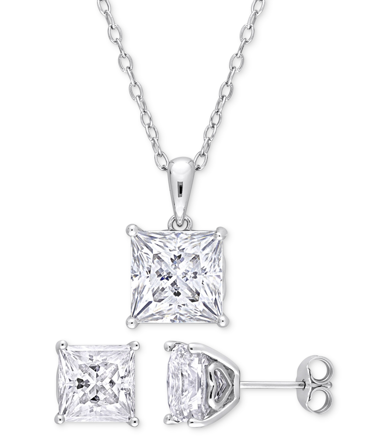 Macy's 2-pc. Set Moissanite (9 Ct. T.w.) Princess Stud Earrings & Pendant 18" Necklace In Sterling Silver In Moissanite