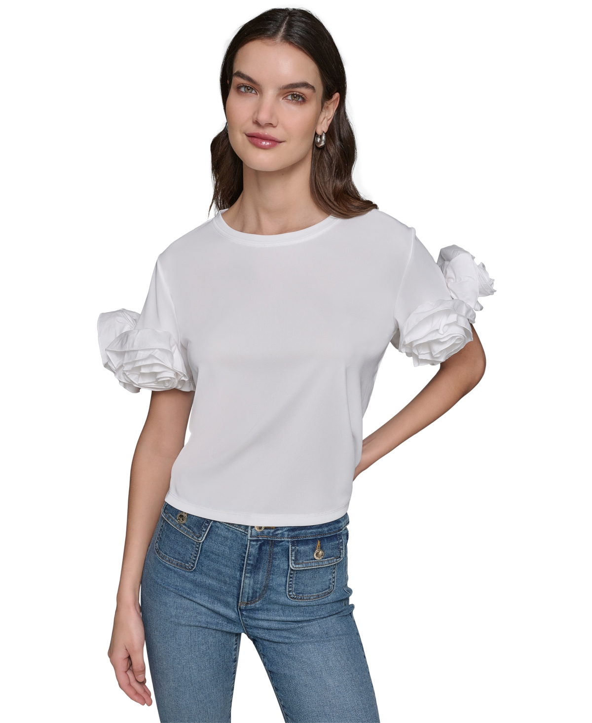 Shop Karl Lagerfeld Women's 3d Floral-sleeve Top In Soft White