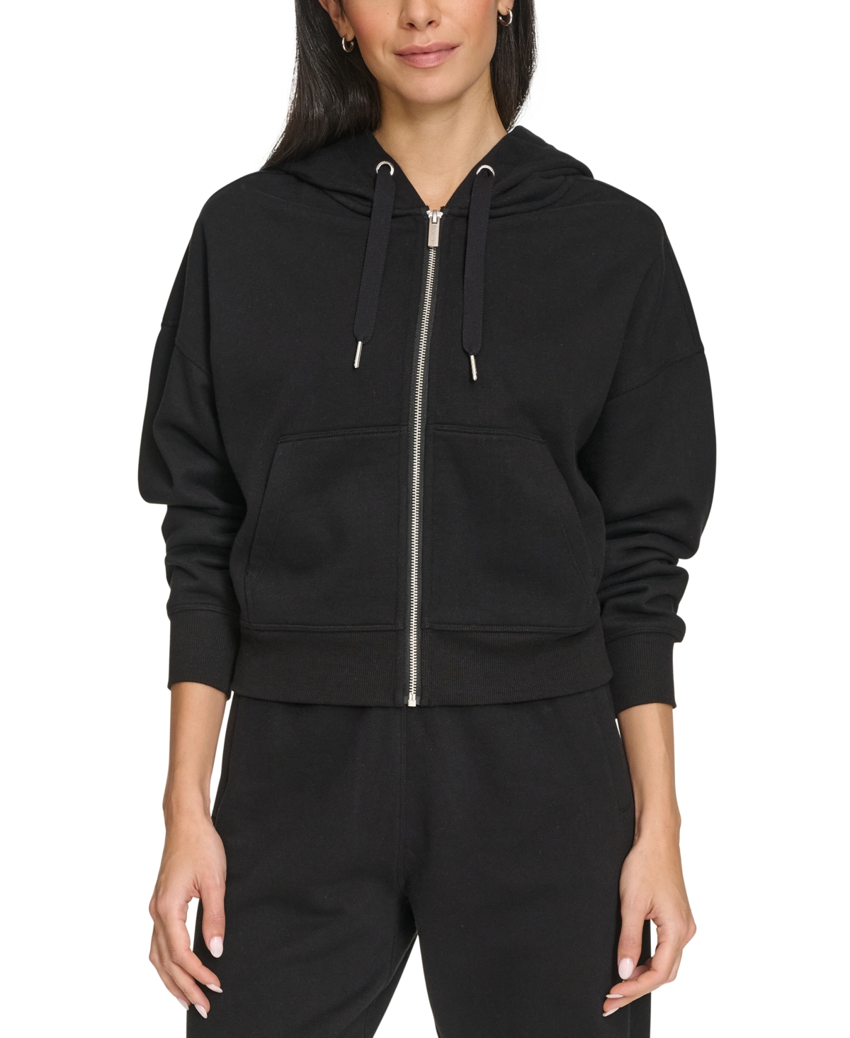 Shop Calvin Klein Women's Fleece Crop Zip-front Long-sleeve Hoodie In Black