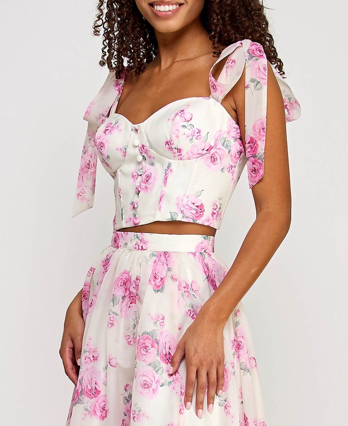B Darlin Juniors' Floral Print Two-piece Corset Ball Gown, Created For Macy's In Off White,pink