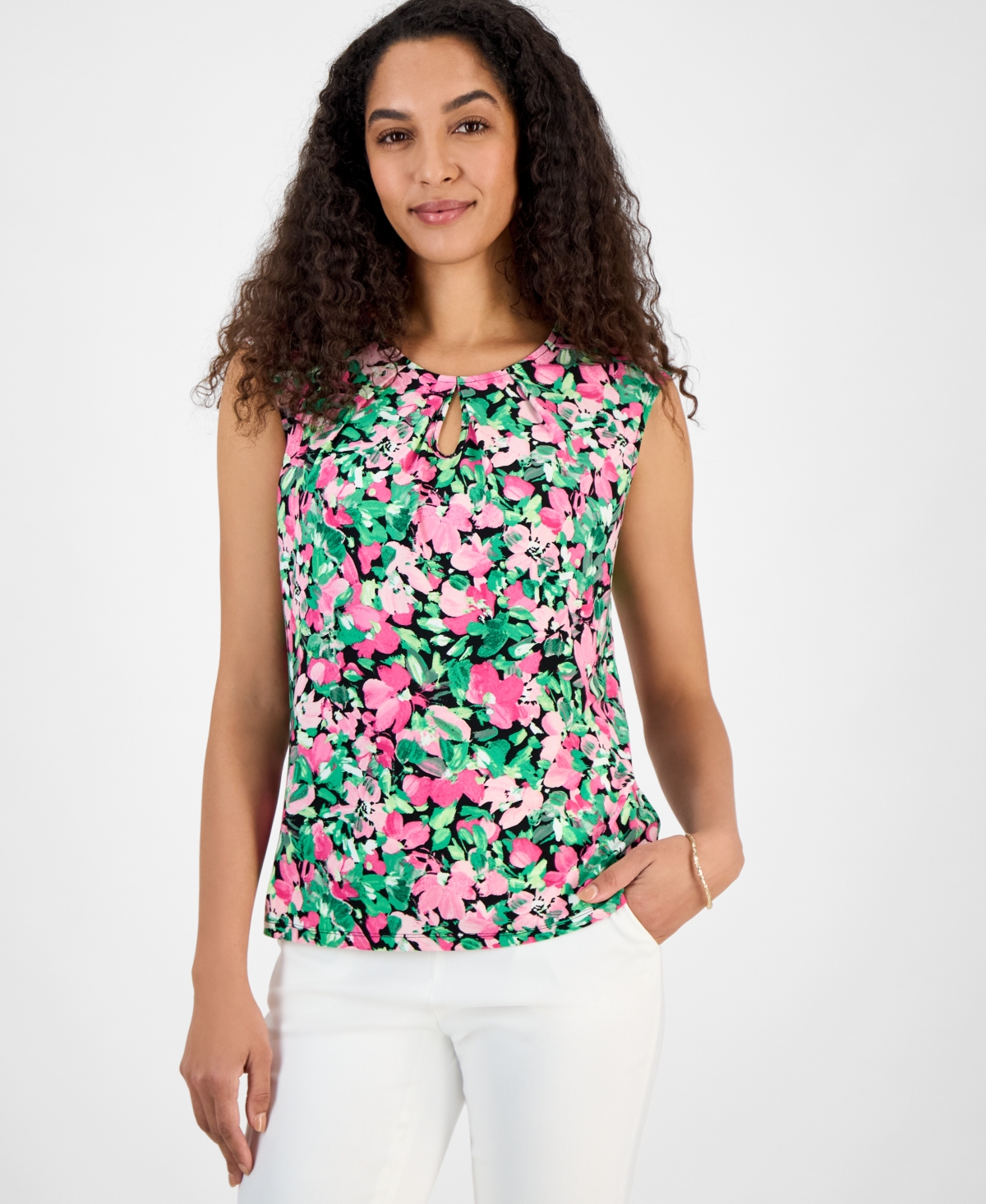 Women's Box-Pleat Keyhole Floral Top, Regular & Petite Sizes - Black Multi