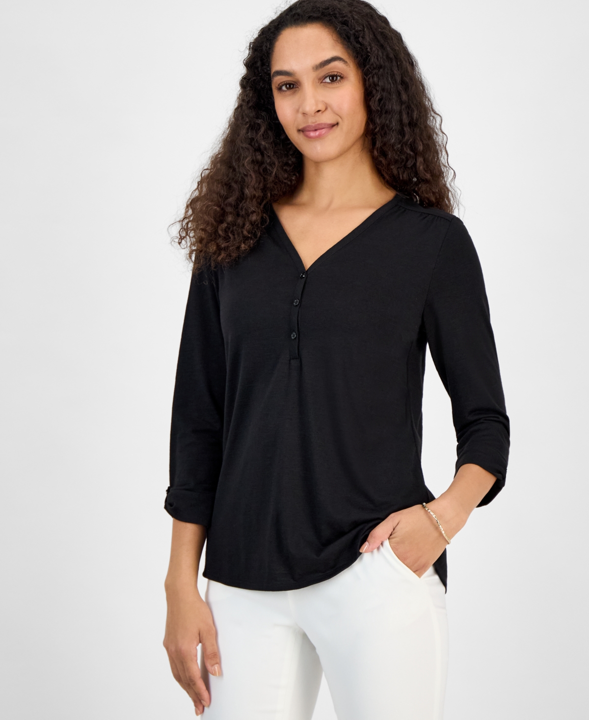 KASPER WOMEN'S DRAPED CUFFED-SLEEVE HENLEY-NECK TOP 