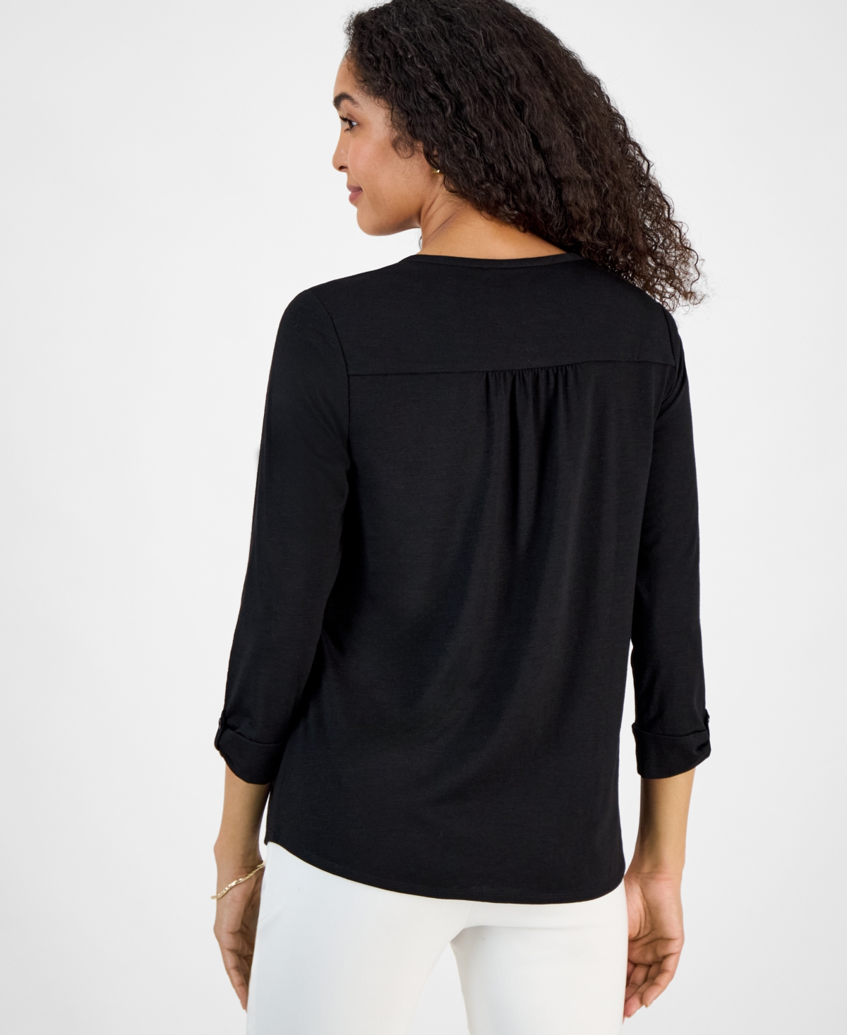 KASPER WOMEN'S DRAPED CUFFED-SLEEVE HENLEY-NECK TOP 