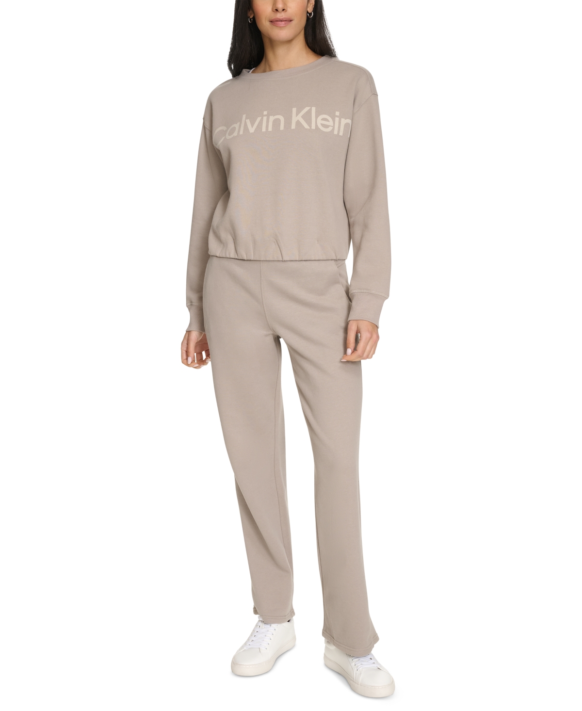 Calvin Klein Performance Women's Flocked-logo Fleece Sweatshirt In Moonrock