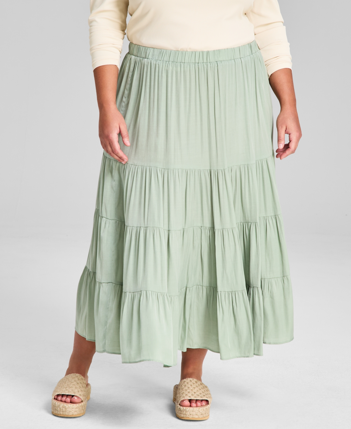 AND NOW THIS PLUS SIZE PULL-ON TIERED MIDI SKIRT 