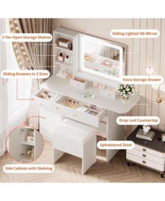 Vanity Desk with LED Lighted Mirror & Power Outlet & Cabinet