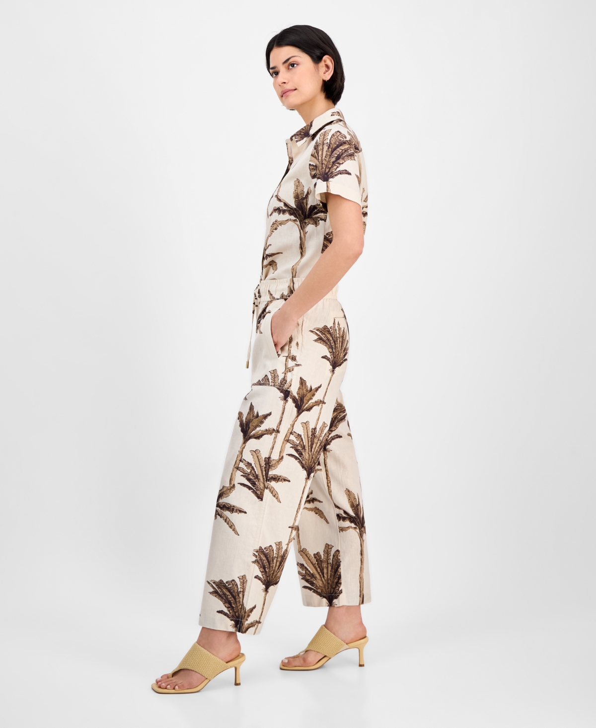 Nautica Jeans Women's Palm-print Linen-blend Wide-leg Pants In Parchment Multi