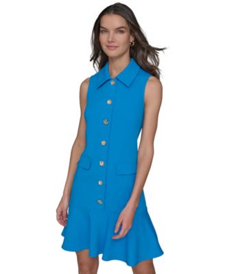 KARL LAGERFELD PARIS - Women's Flower-Button Collared Sleeveless Shift Dress