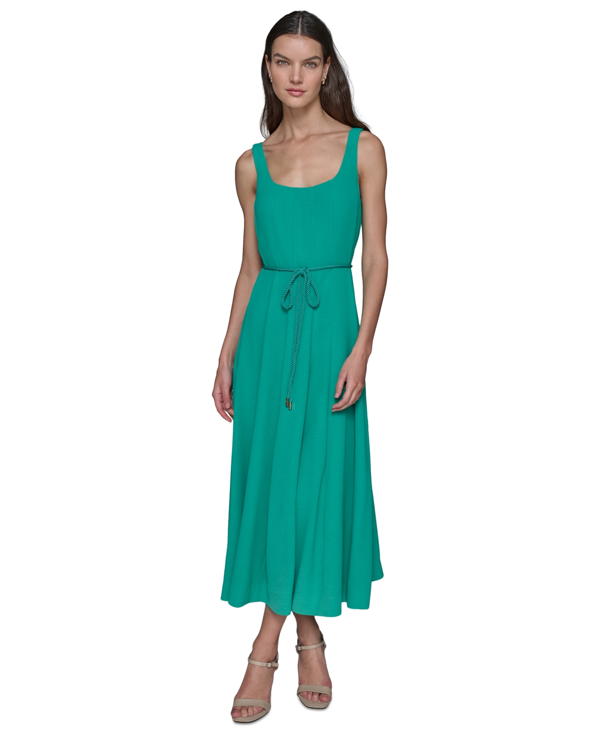 Shop Karl Lagerfeld Women's Scoop-neck Belted Sleeveless Midi Dress In Vivid Gree