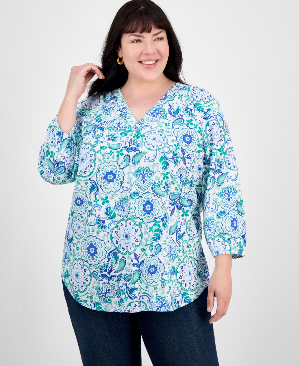 Jones New York Plus Size Floral-print Linen-blend Tunic In Aqua Wave Multi