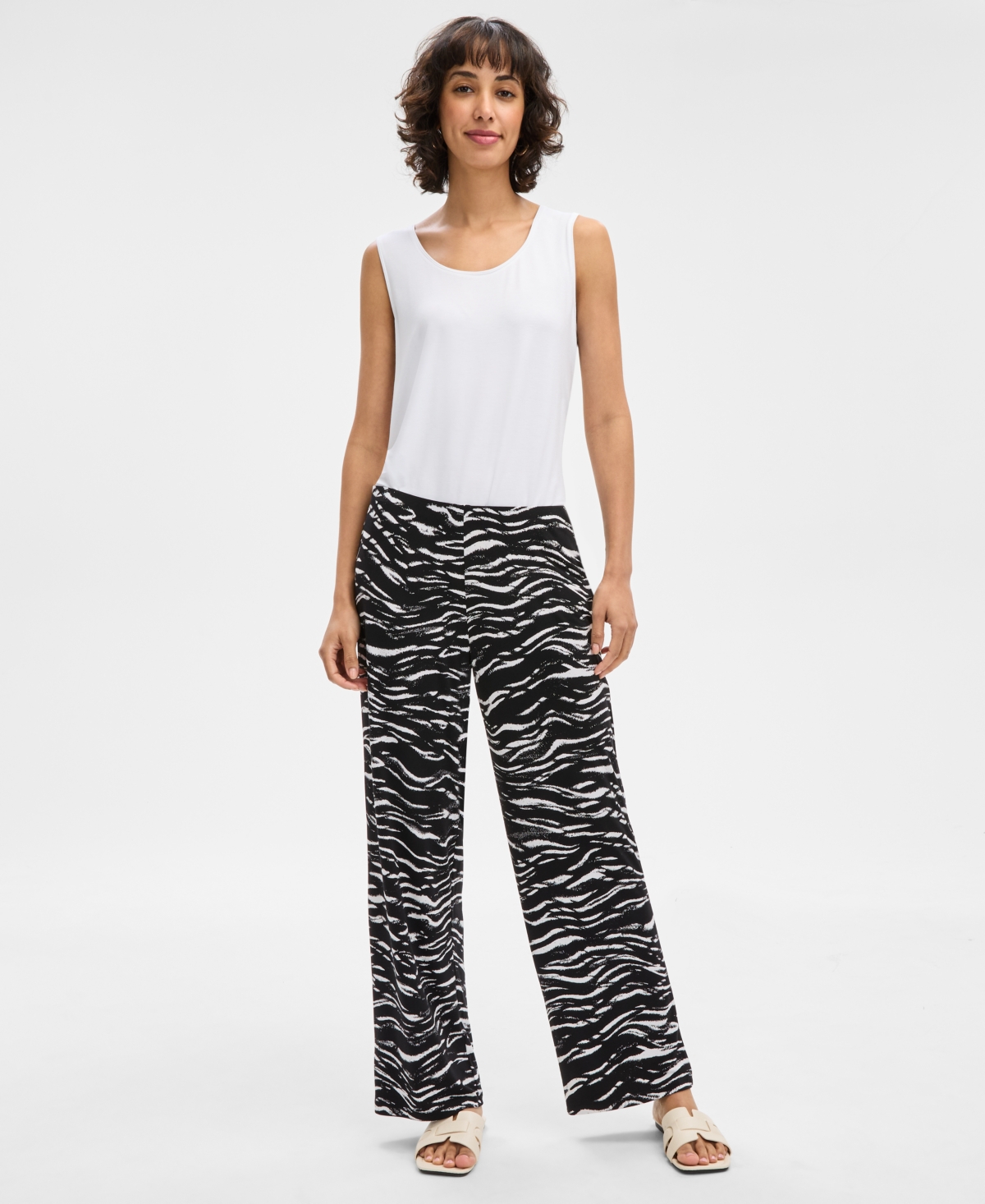 Women's Printed Wide-Leg Pull-On Pants, Exclusively at Macy's - Deep Black