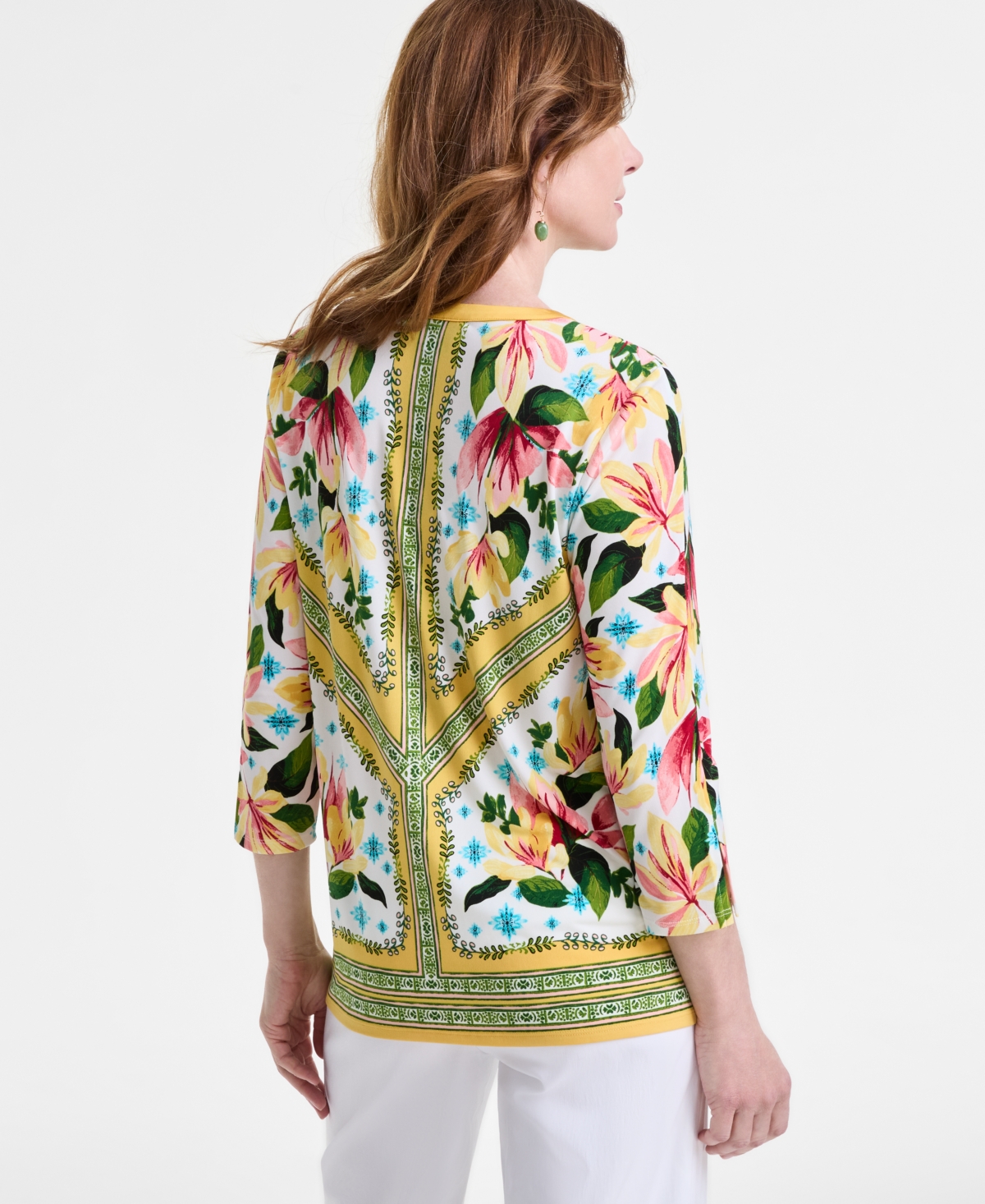 Shop Jm Collection Women's Printed Lace-up 3/4-sleeve Top, Exclusively At Macy's In Sweet Mandrin