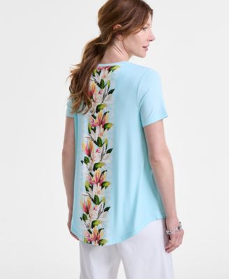 Petite Floral Scoop-Neck Short-Sleeve Top, Exclusively at Macy's