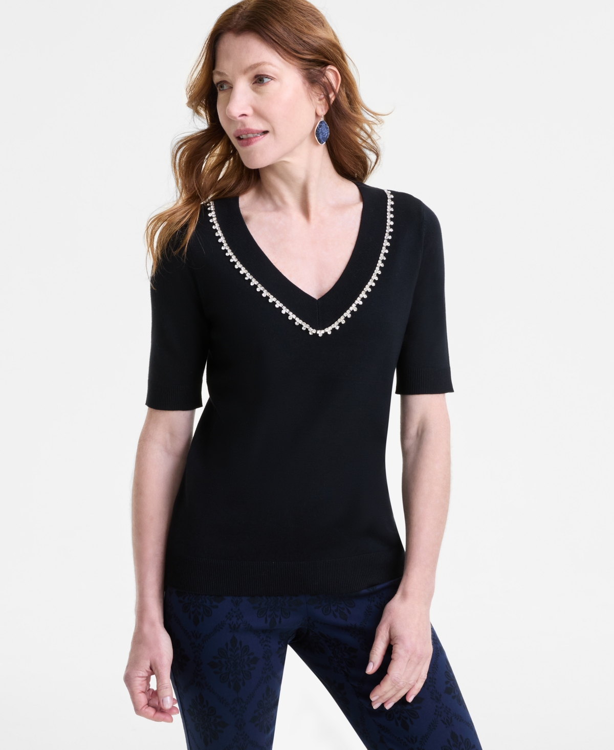 Jm Collection Petite Embellished V-neck Sweater, Exclusivley At Macy's In Deep Black